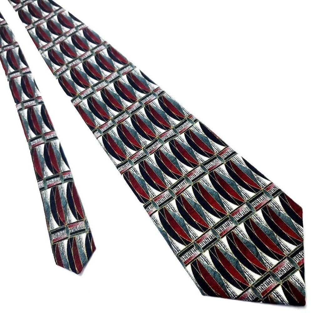 Pierre Cardin Gray Red Silk Tie Woven Wide Geometric‎